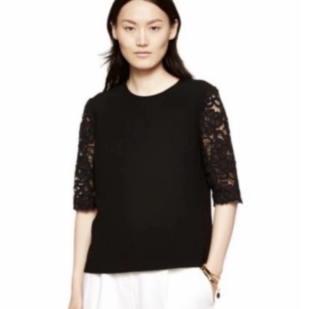 Nwt Kate Spade Black Floral Lace Elbow Short Sleeve Blouse Top Size 0